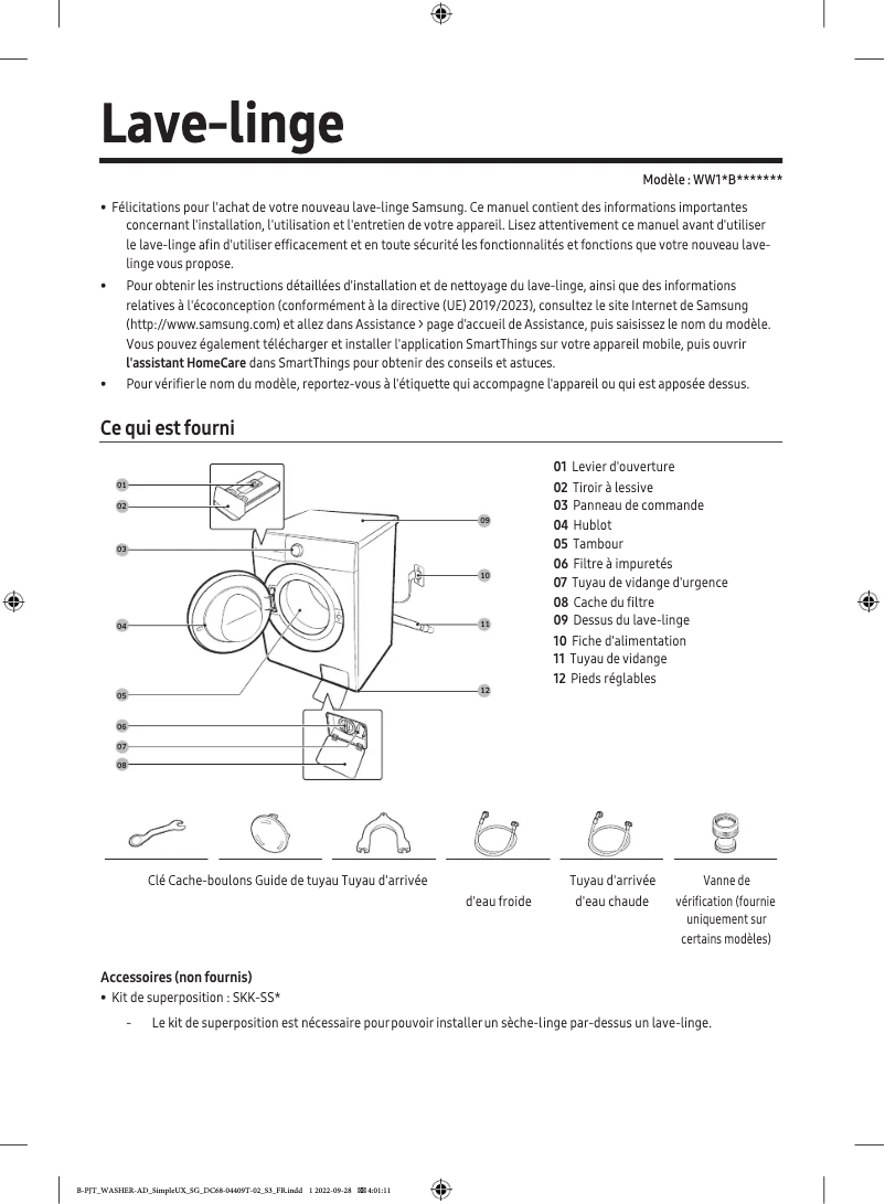 Page 1 de la notice Manuel utilisateur Samsung WW11BB744DGW
