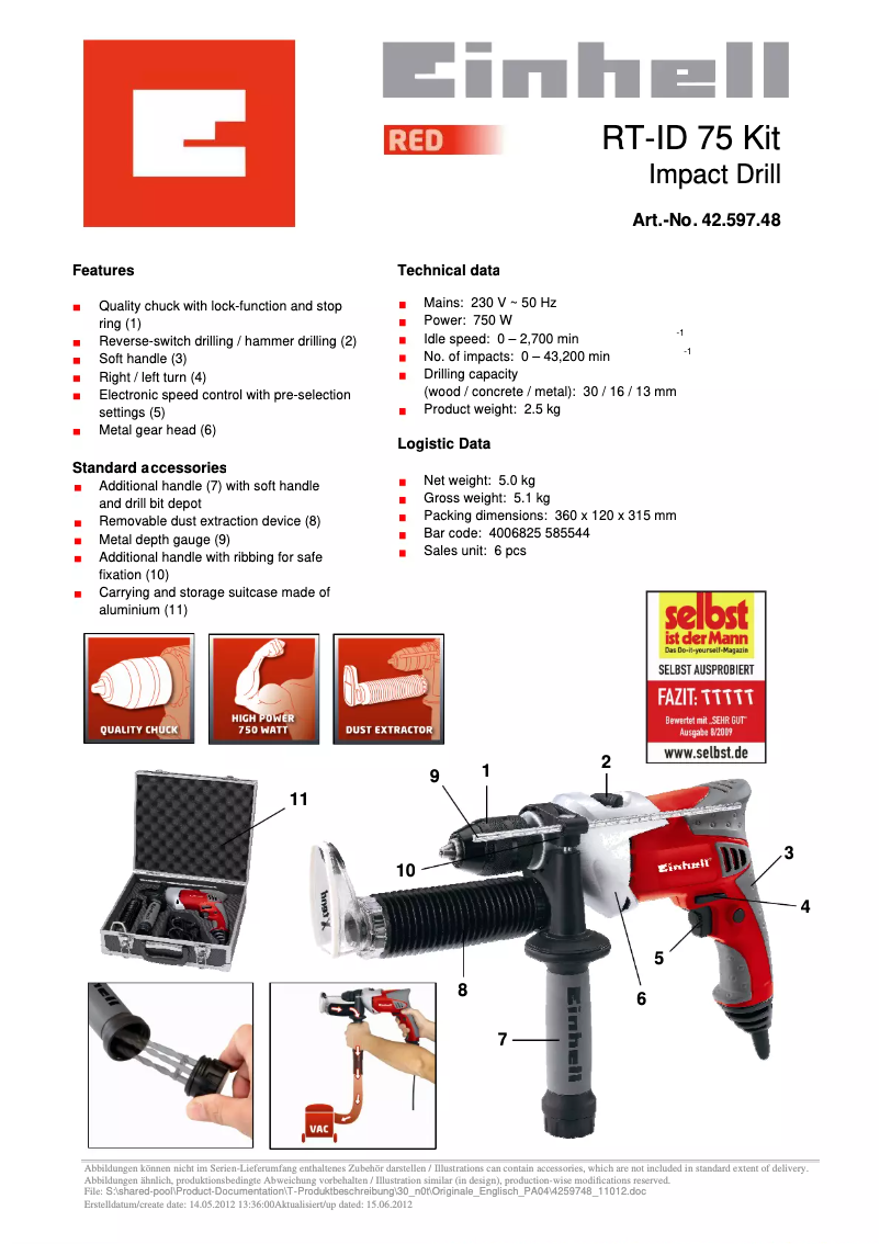 Page 1 de la notice Fiche technique Einhell RT-ID 75