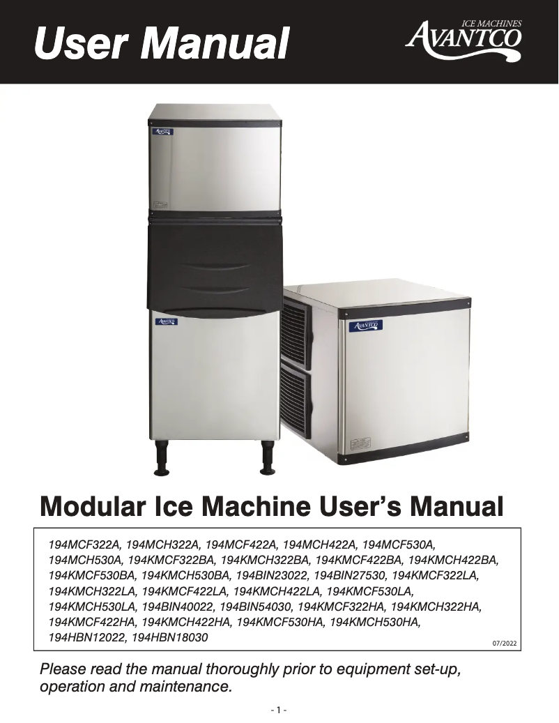 Page n°1 - Manuel utilisateur Avantco Ice KMC-H-322-LA