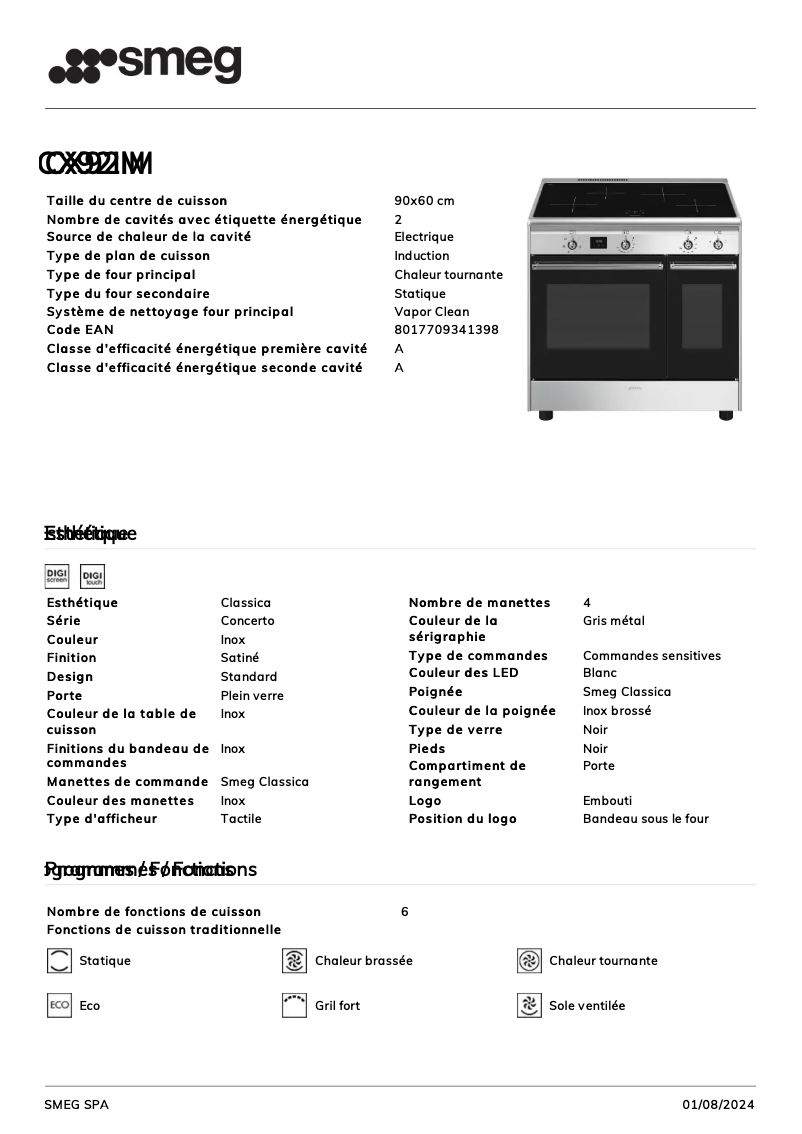 Page 1 de la notice Fiche technique Smeg CX92IM