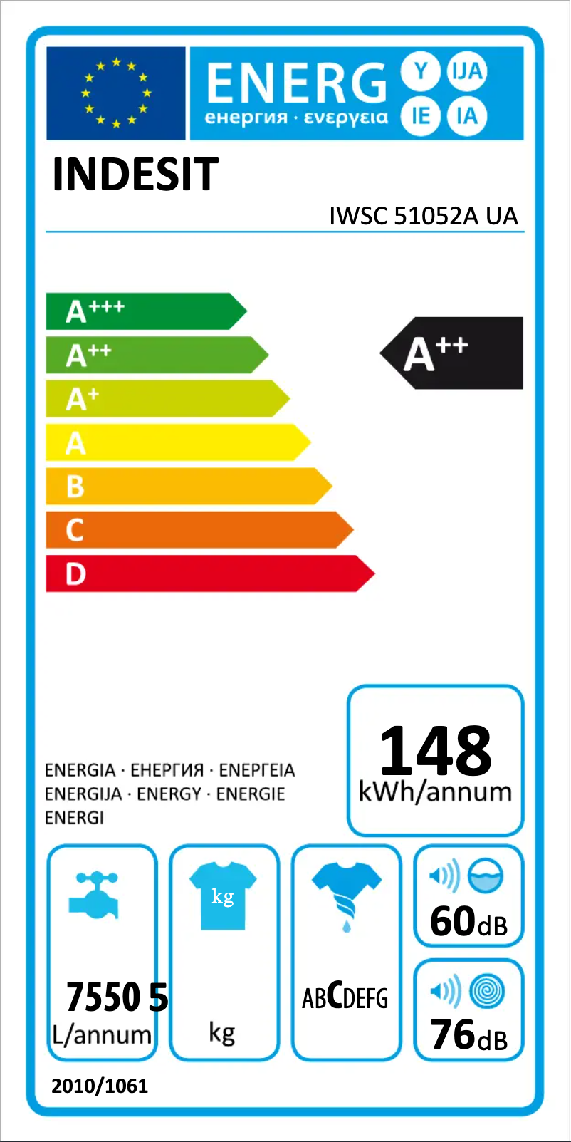 Page 1 de la notice Label énergétique Indesit IWSC 51052A UA