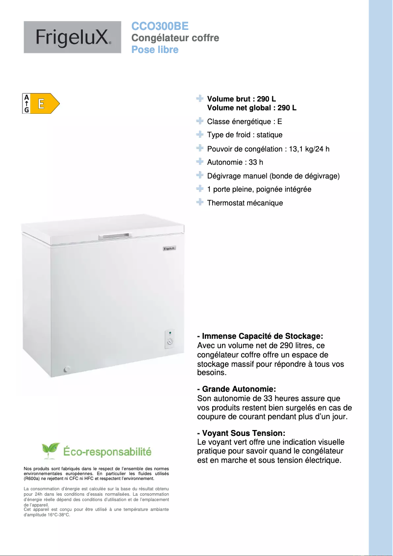 Page 1 de la notice Fiche technique FrigeluX CCO300BE