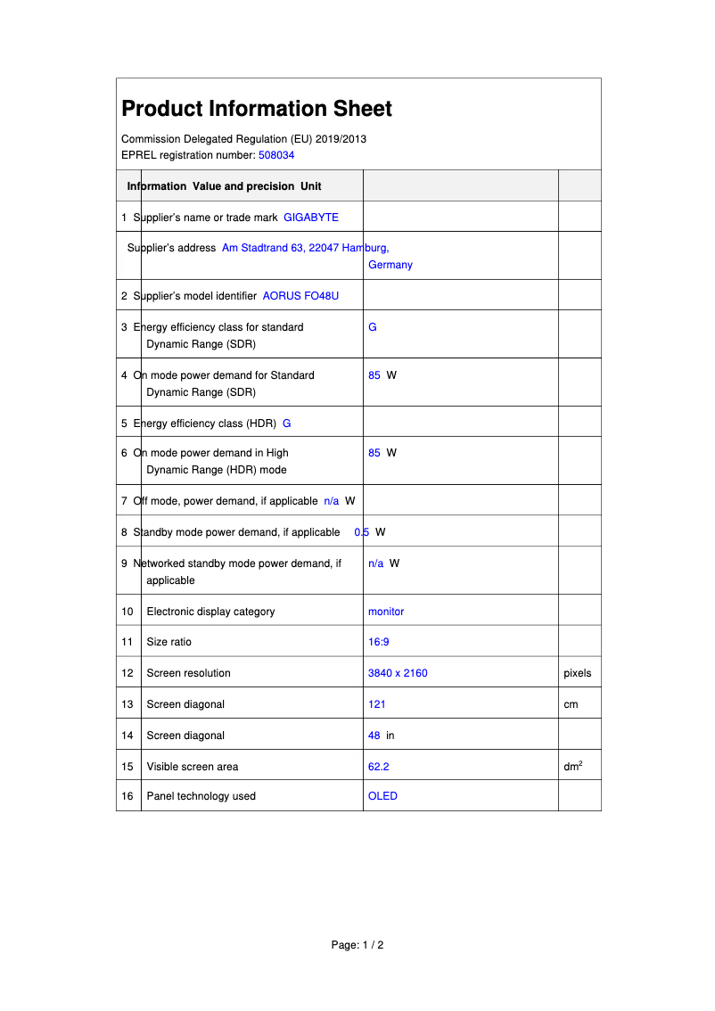 Page n°1 - Fiche technique Gigabyte AORUS FO48U