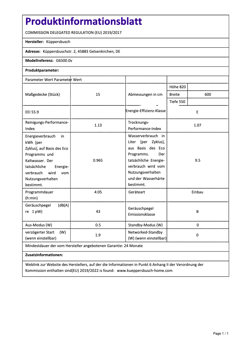 Página 1 del manual Etiqueta energética Küppersbusch G6500.0v