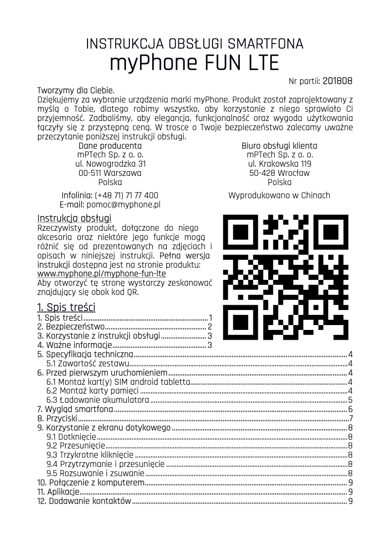 Page 1 de la notice Manuel utilisateur myPhone FUN LTE