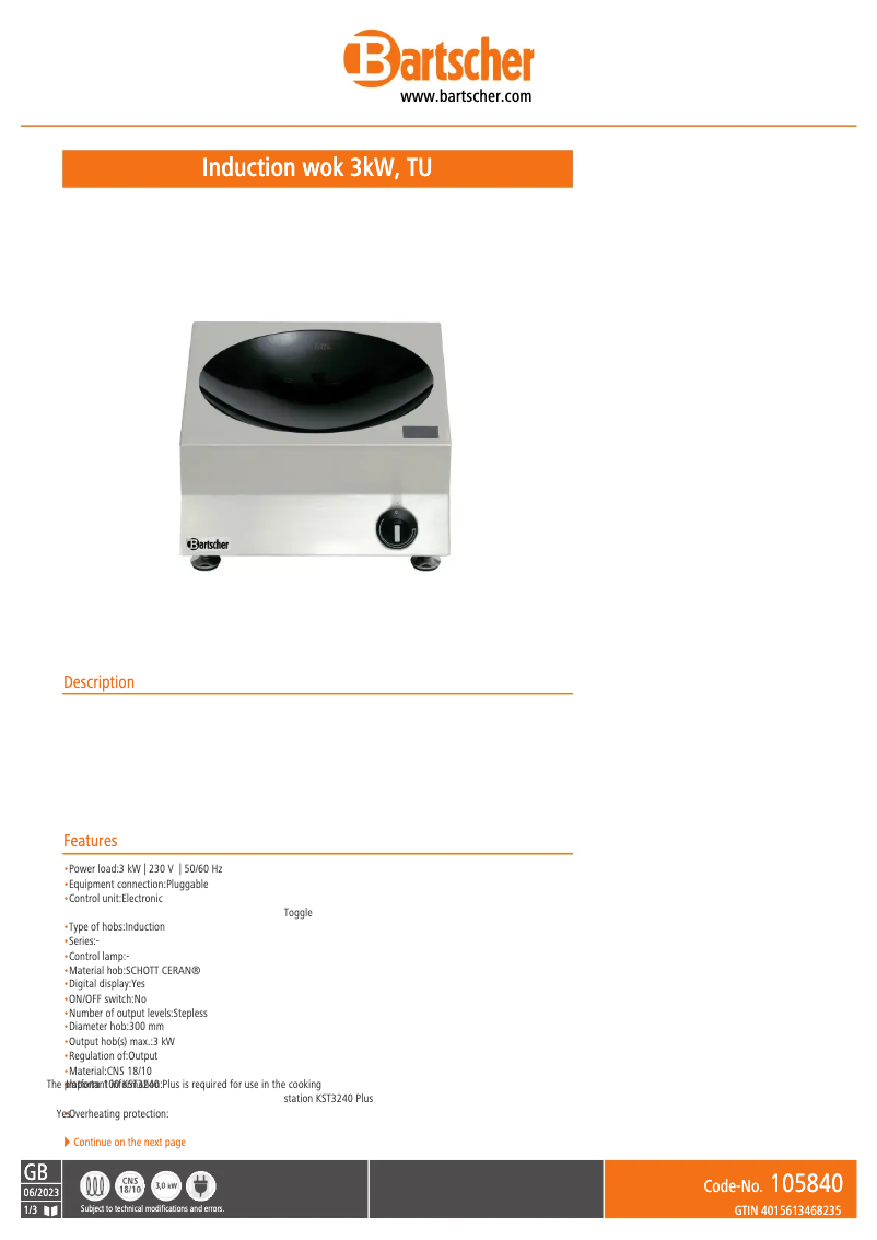 Página 1 del manual Ficha técnica Bartscher 105840