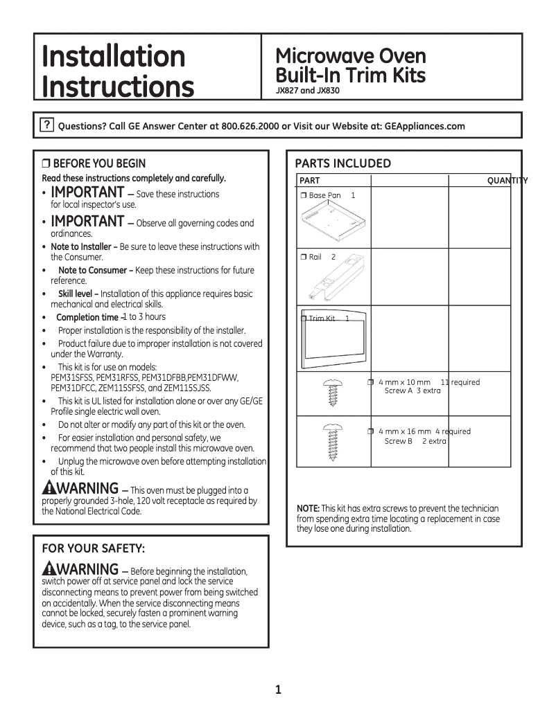 Page n°1 - Manuel utilisateur GE JX827DFBB