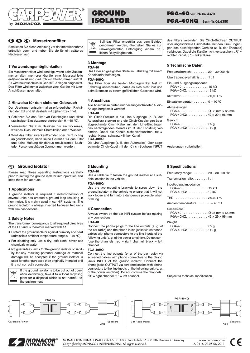Page n°1 - Manuel utilisateur Monacor FGA-40 06.4370