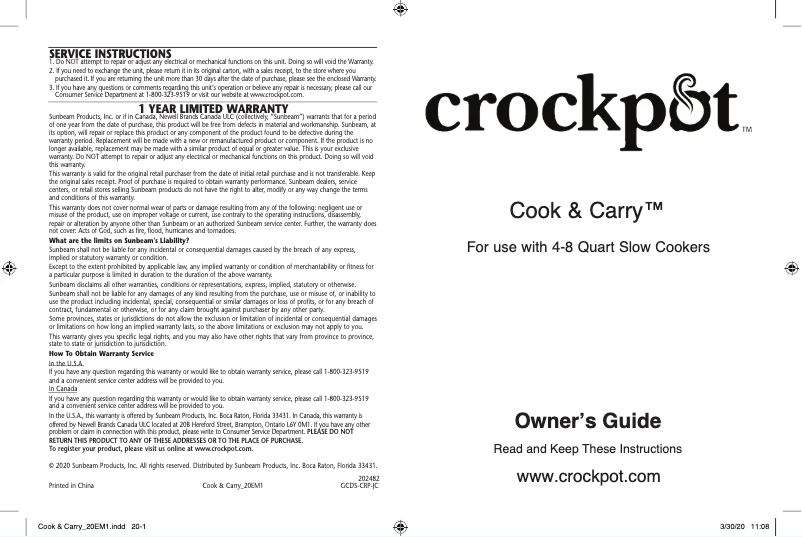 Page n°1 - Manuel utilisateur Crock-Pot Cook & Carry SCCPVL710-BP-ABR