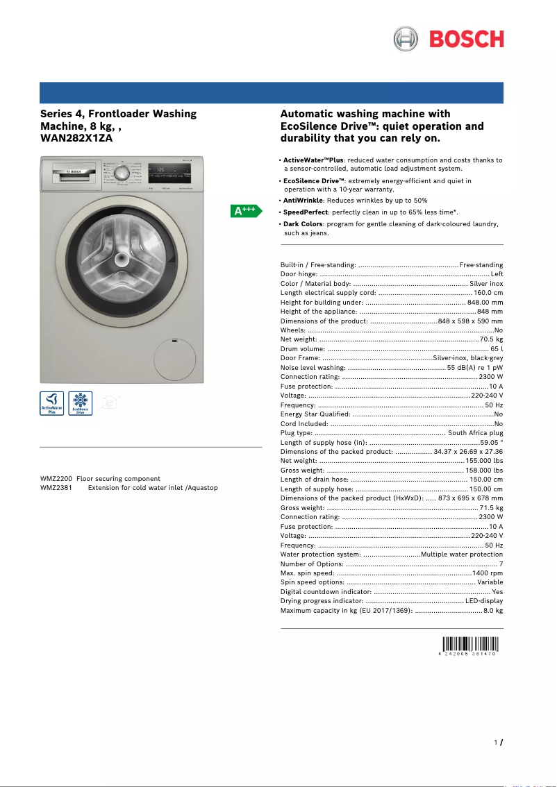 Page n°1 - Fiche technique Bosch WAN282X1ZA