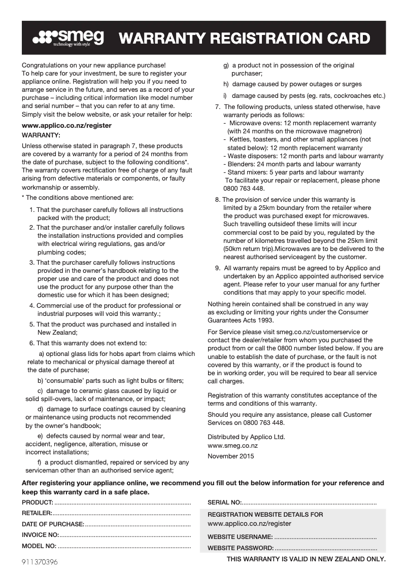 Page 1 de la notice Informations de garantie Smeg TRA90BLP9