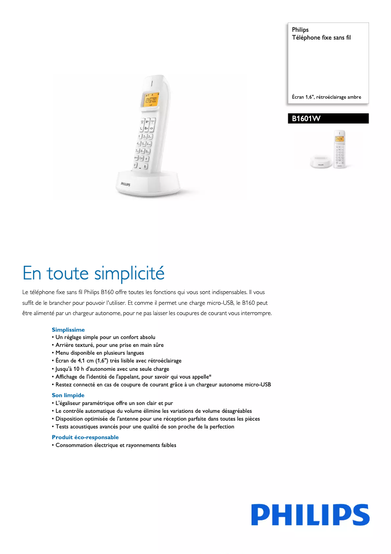 Página 1 del manual Ficha técnica Philips B1601W