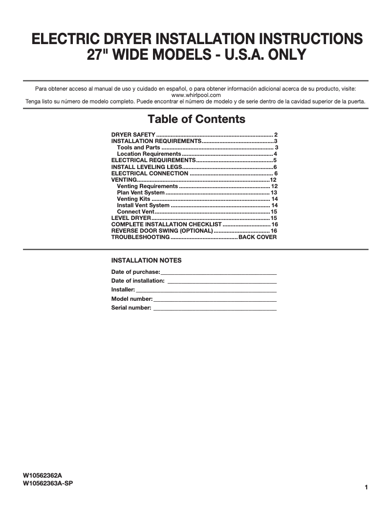 Página 1 del manual Manual de usuario Whirlpool Cabrio WED5800BW