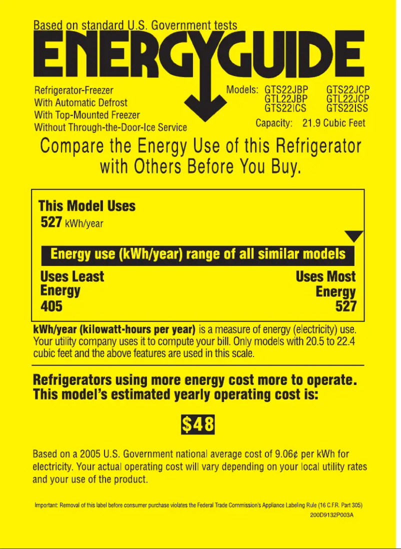 Page 1 de la notice Label énergétique GE GTS22ICSRBB