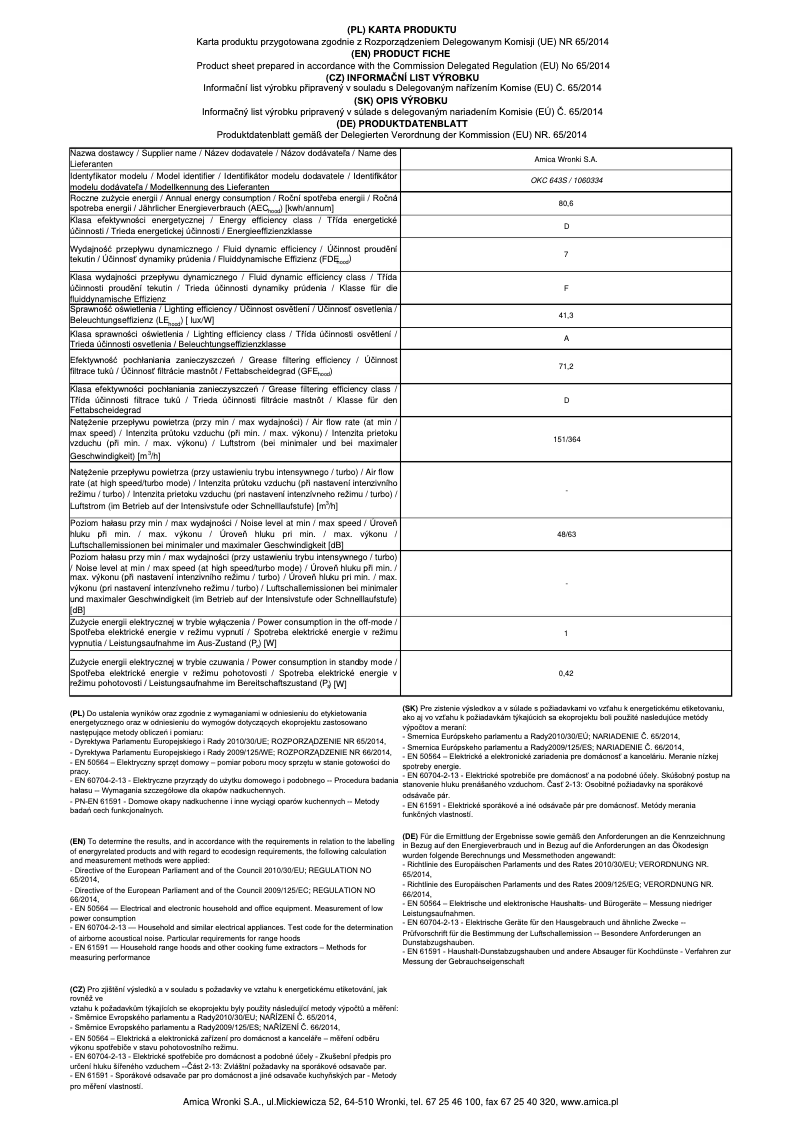Page n°1 - Fiche technique Amica OKC643S