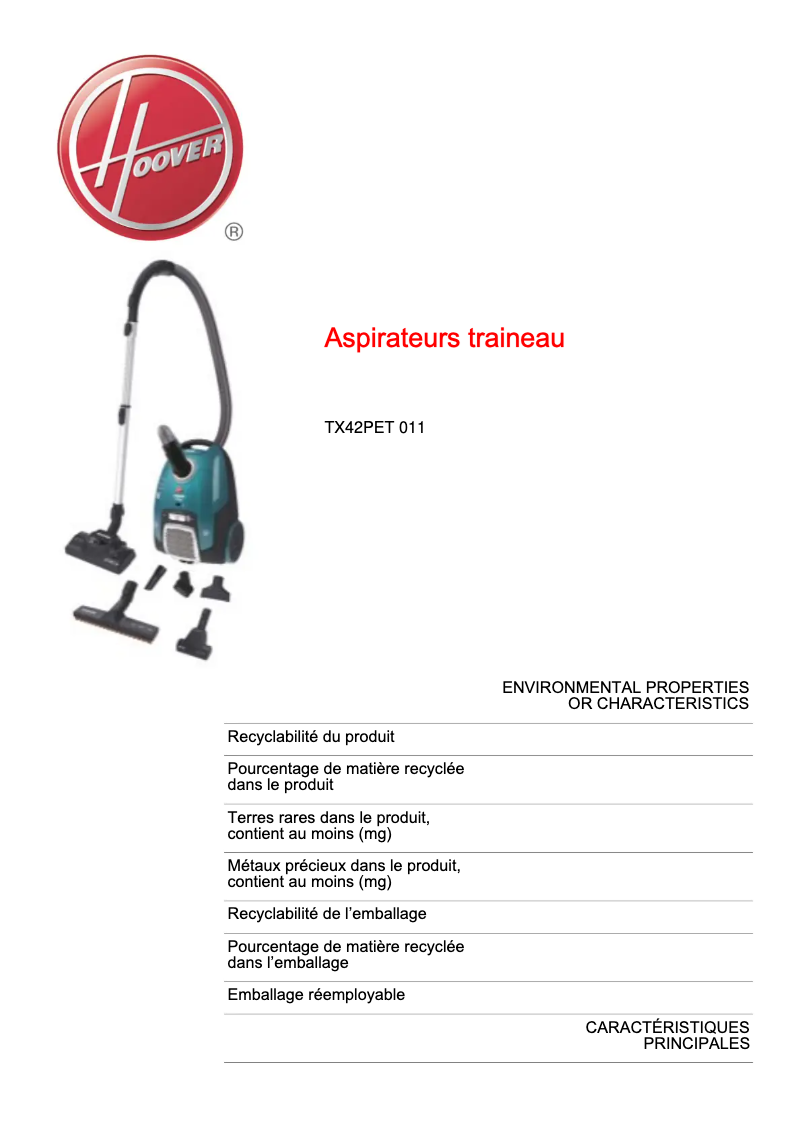 Page 1 de la notice Fiche technique Hoover Telios Extra TX42PET 011