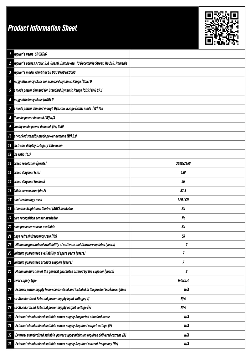 Page 1 de la notice Fiche technique Grundig 55GGU8960