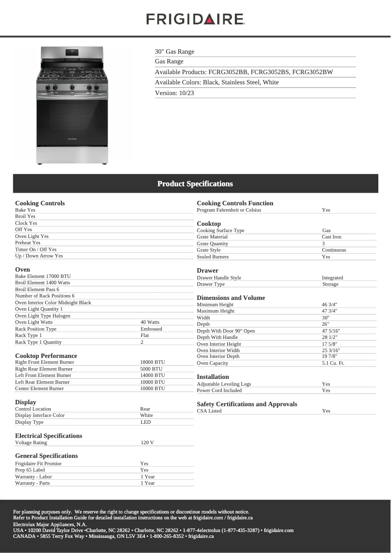 Page 1 de la notice Fiche technique Frigidaire FCRG3052BS