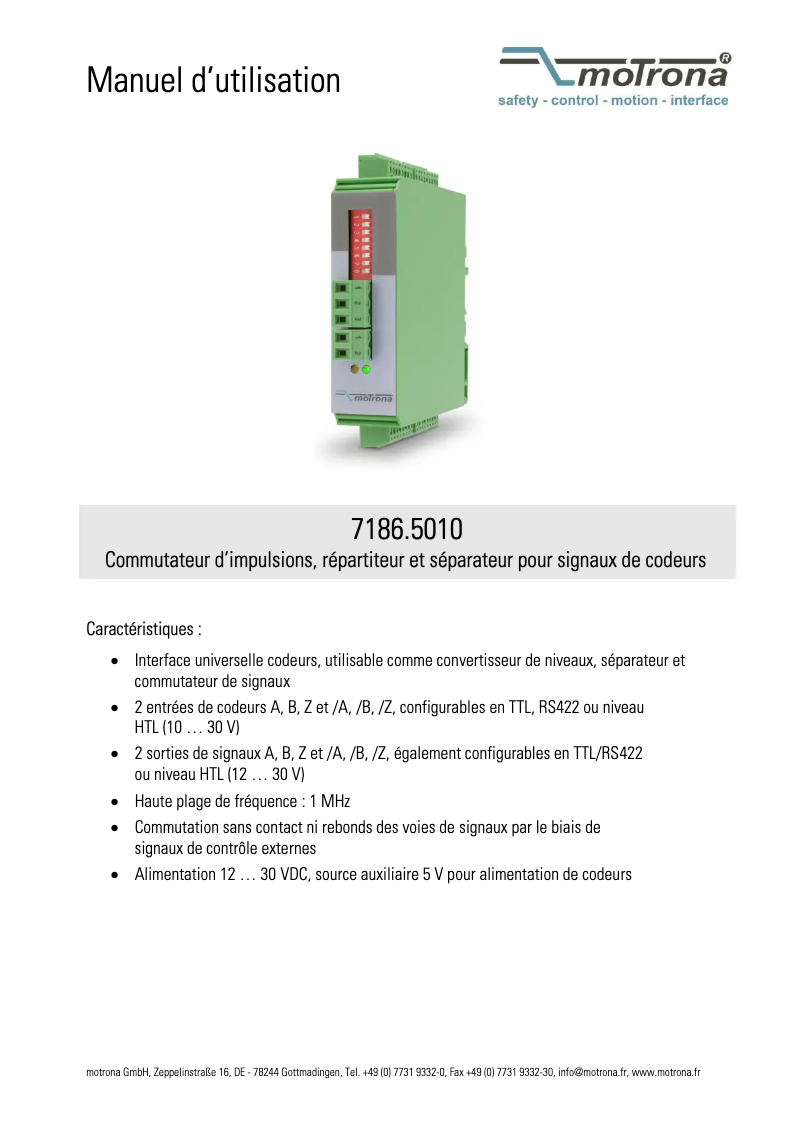 Page 1 de la notice Manuel utilisateur Motrona 7186.5010