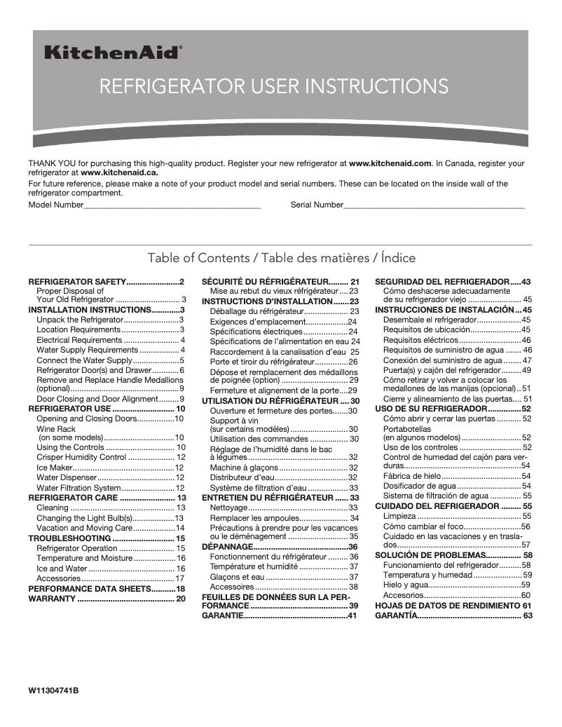 Page 1 de la notice Manuel utilisateur KitchenAid KRFF305EBL