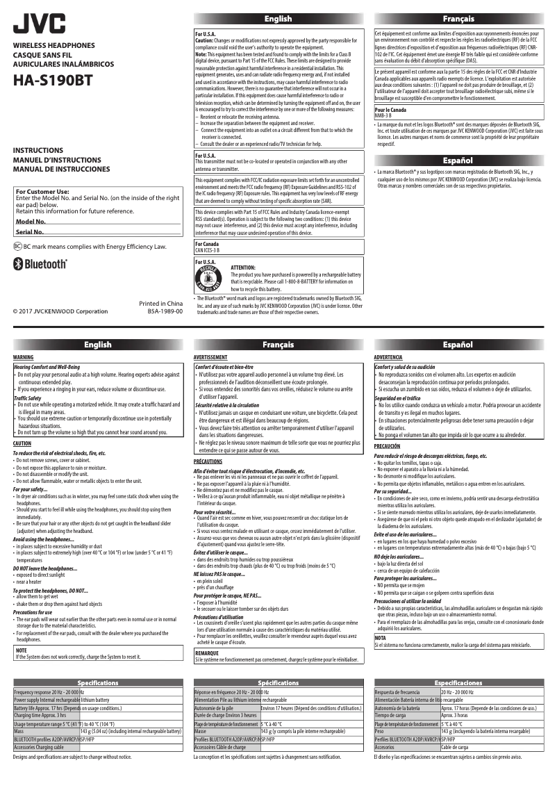 Image de la première page du manuel de l'appareil HA-S190BT