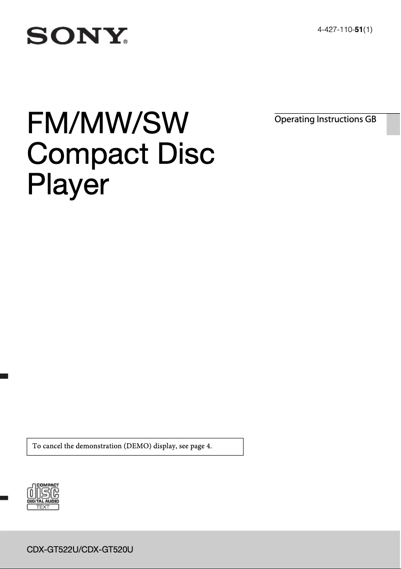 Page 1 de la notice Manuel utilisateur Sony CDX-GT522U