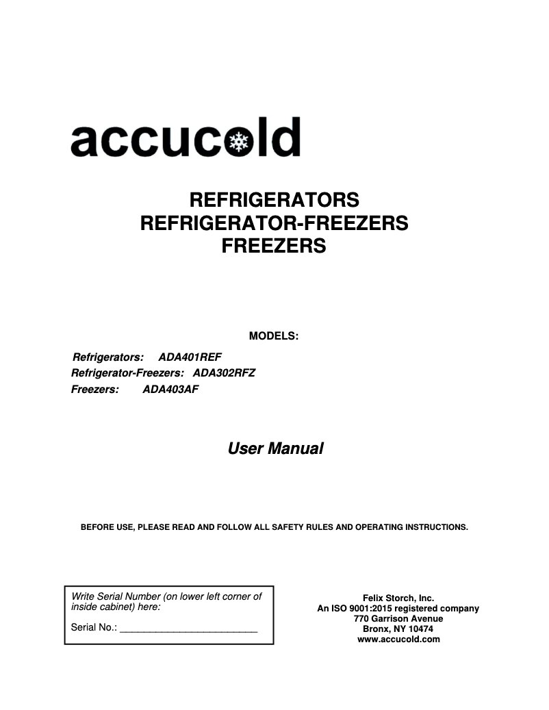 Page n°1 - Manuel utilisateur Accucold ADA302BRFZ