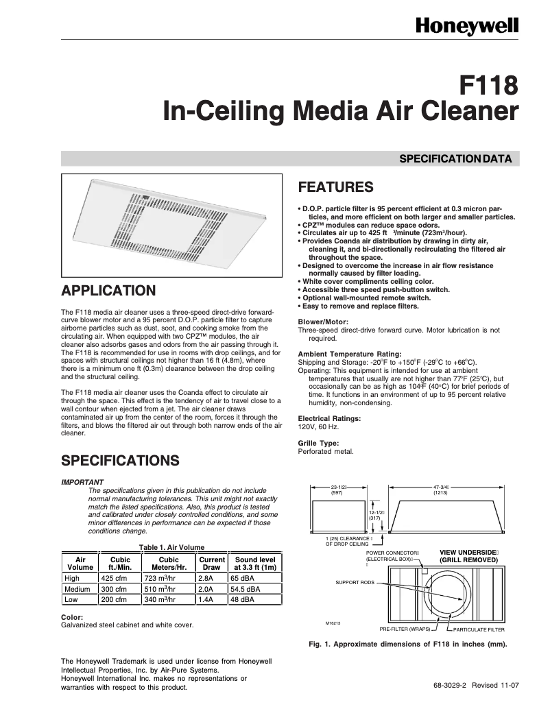 Page 1 de la notice Fiche technique Honeywell F118