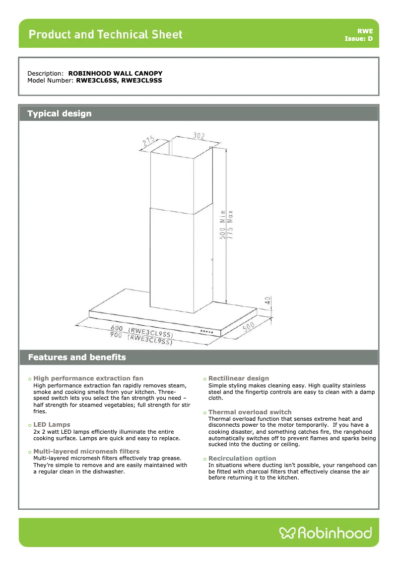 Page 1 de la notice Fiche technique Robinhood RWE3CL9SS