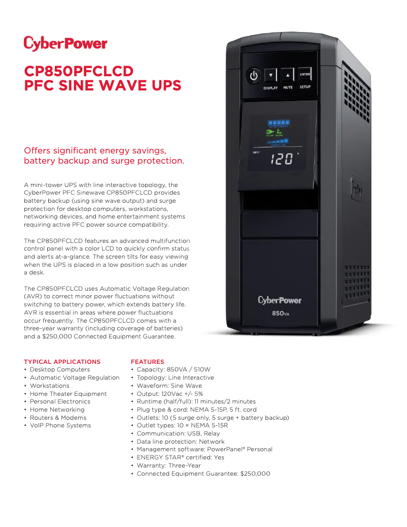 Page n°1 - Fiche technique CyberPower CP850PFCLCD