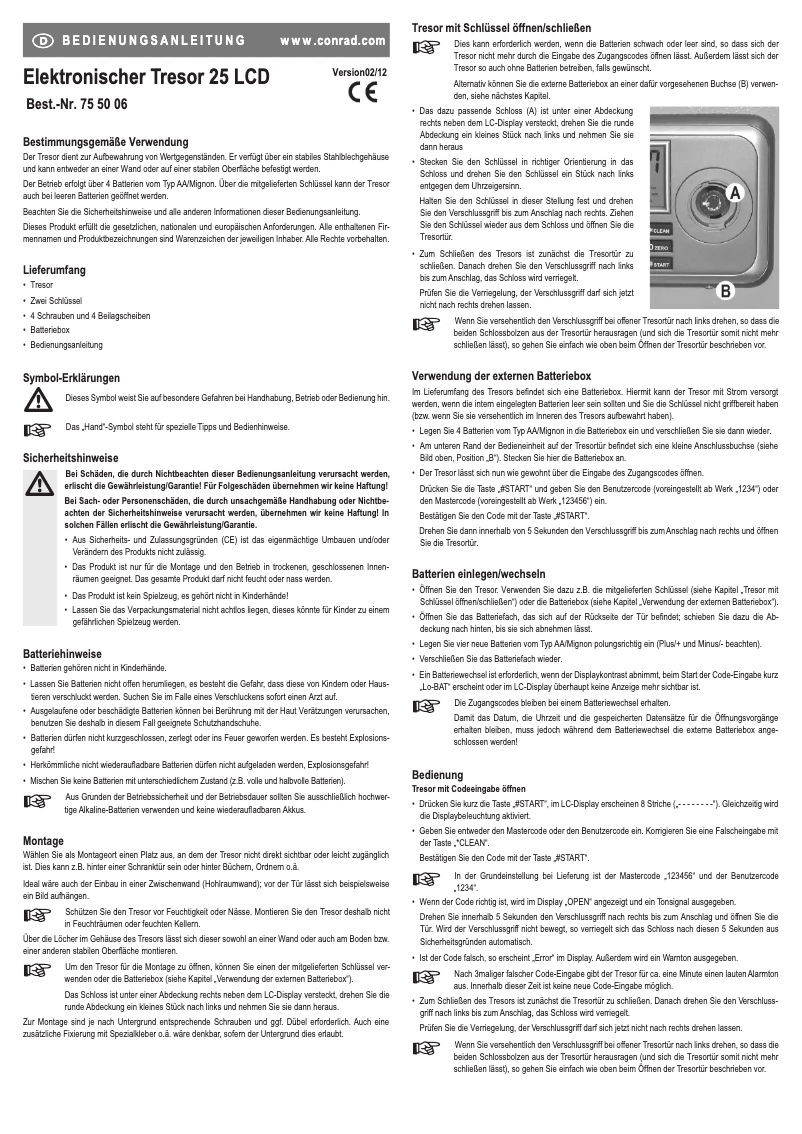 Page n°1 - Manuel utilisateur Conrad Electronic Safe 25 LCD