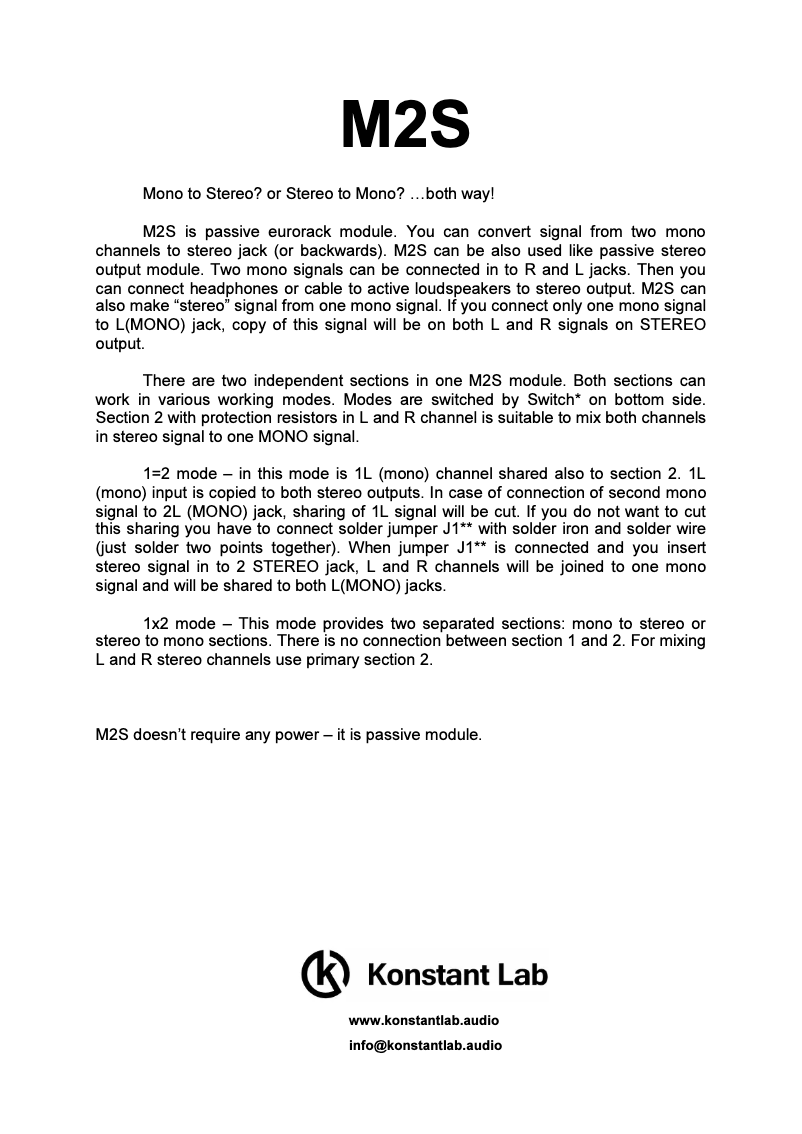 Page 1 de la notice Manuel utilisateur Konstant Lab M2S