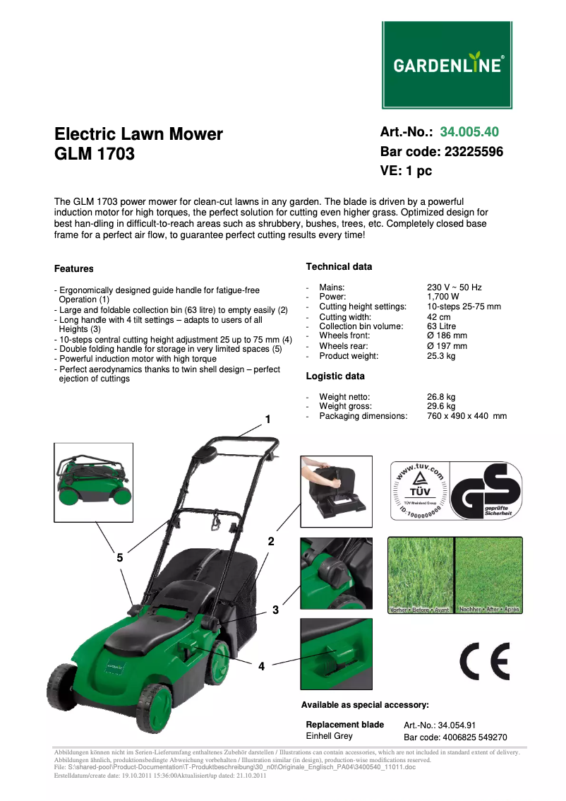 Page 1 de la notice Manuel utilisateur Gardenline GLM 1703