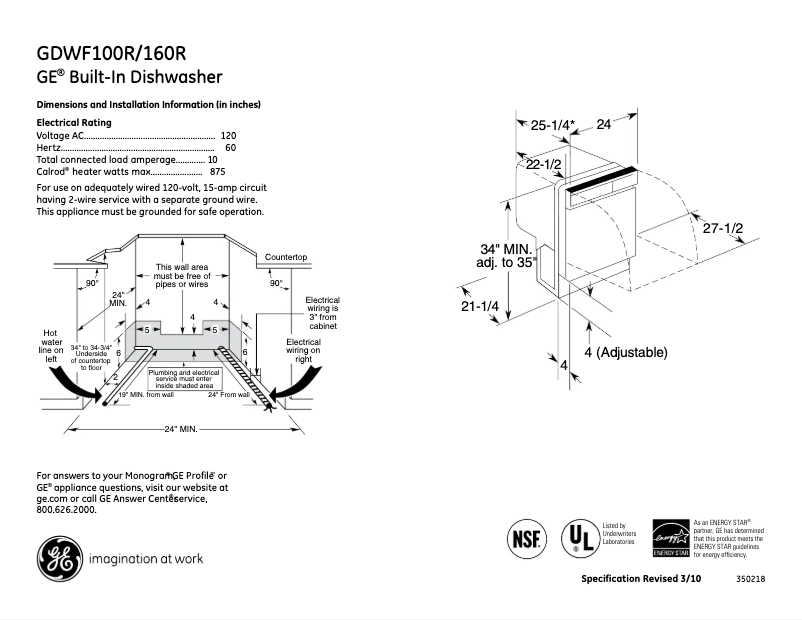 Page n°1 - Fiche technique GE GDWF100RBB