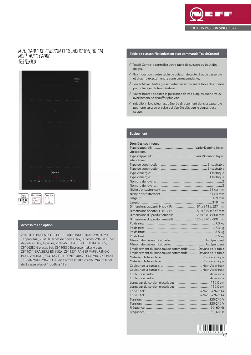 Page 1 de la notice Fiche technique Neff T63TDX1L0