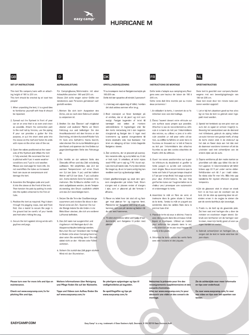 Page 1 de la notice Manuel utilisateur Easy Camp Hurricane M