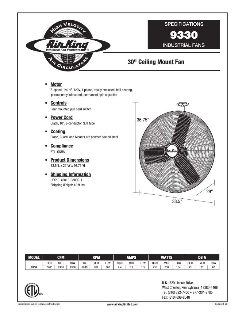 Página 1 del manual Ficha técnica Air King 9330