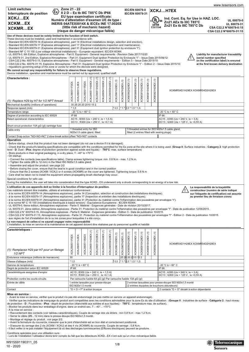 Page 1 de la notice Manuel utilisateur Schneider XCKJ390541H29EX