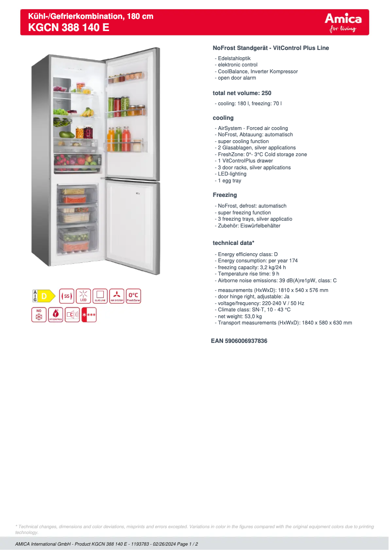 Page n°1 - Fiche technique Amica KGCN 388 140 E