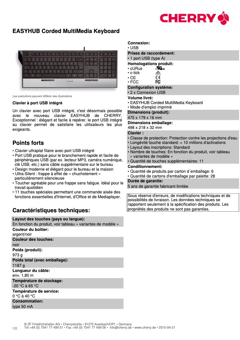 Page 1 de la notice Fiche technique Cherry EASYHUB