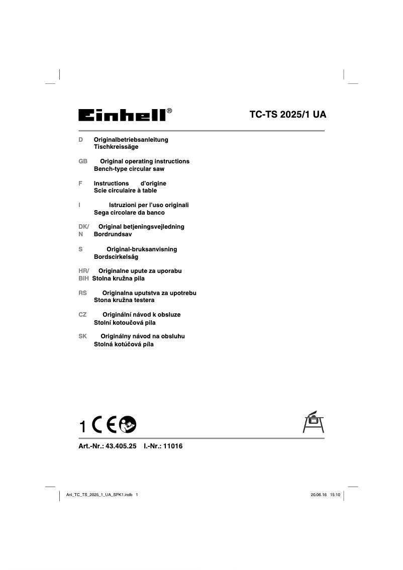Page 1 de la notice Manuel utilisateur Einhell TC-TS 2025/1 UA