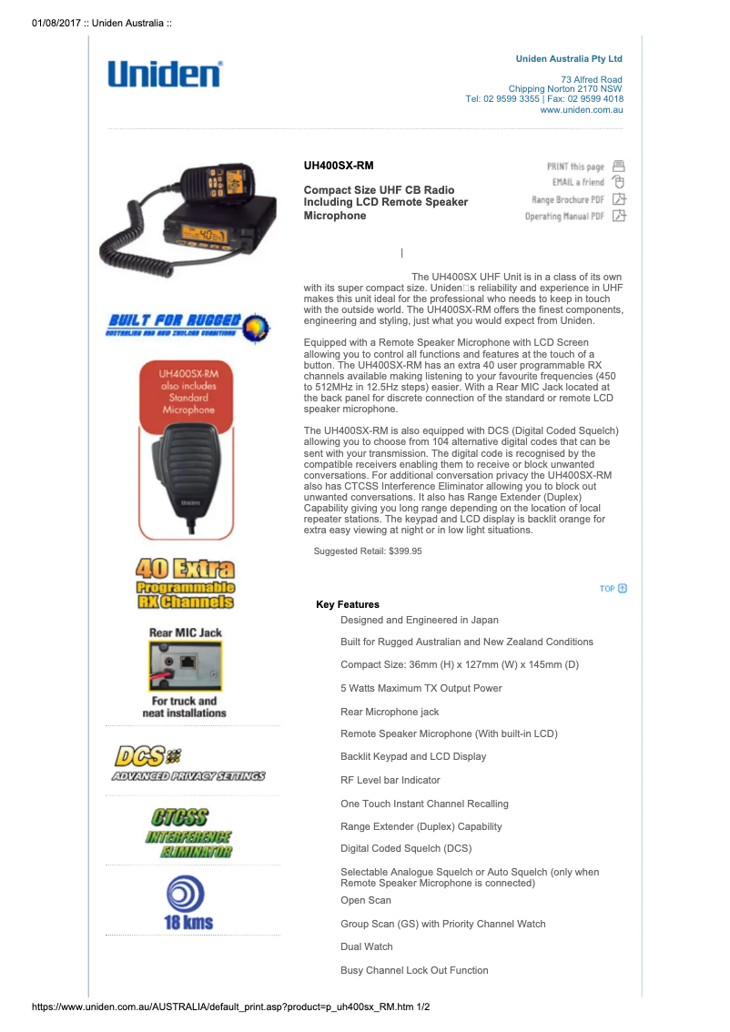 Page 1 de la notice Manuel utilisateur Uniden UH400SX