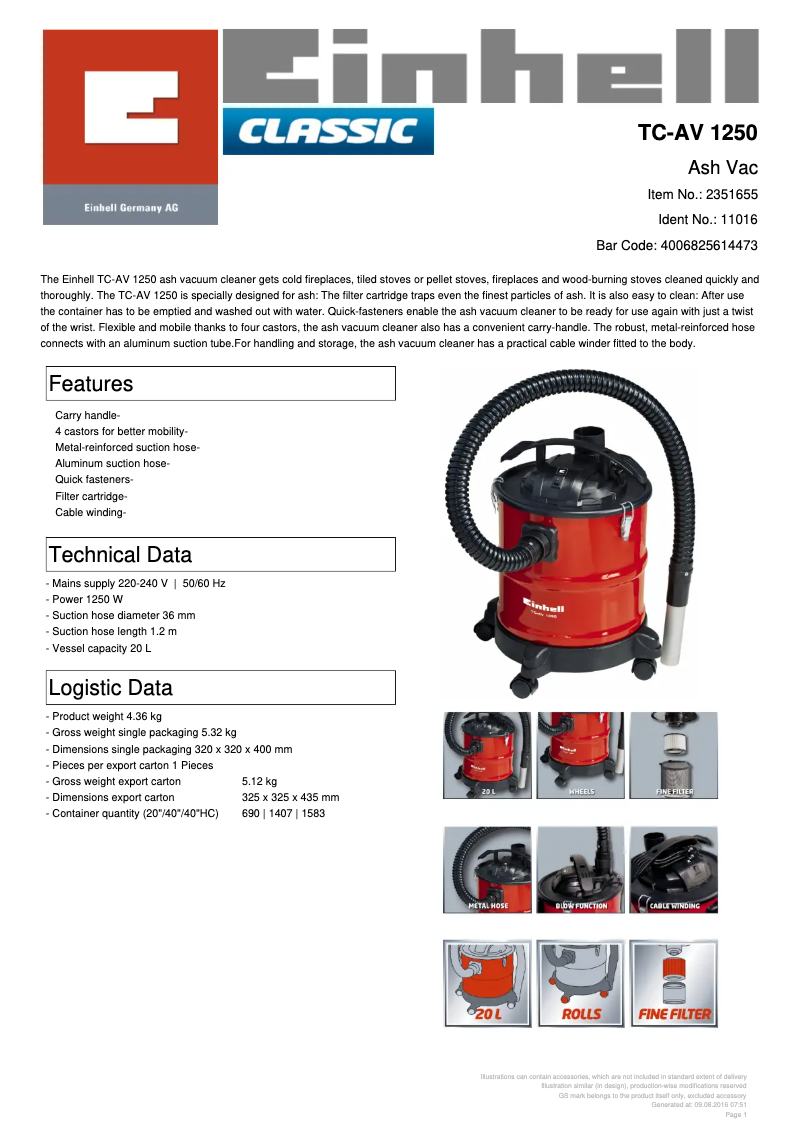 Page n°1 - Fiche technique Einhell TC-AV 1250