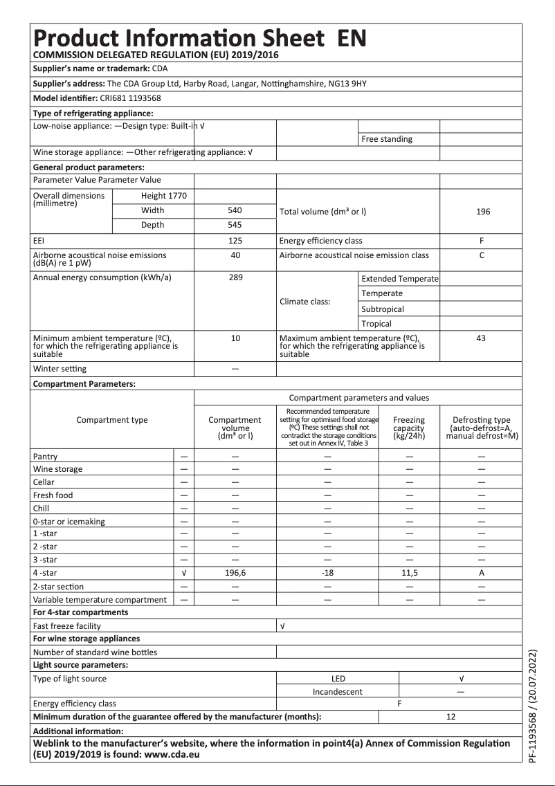 Page n°1 - Fiche technique CDA CRI681