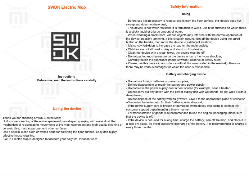 Image de la première page du manuel de l'appareil SWDK Handheld Electric Mop