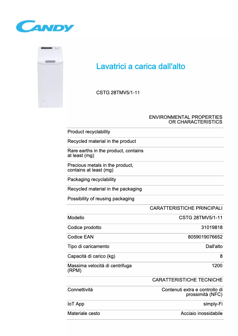 Page 1 de la notice Fiche technique Candy CSTG 28TMV5/1-11