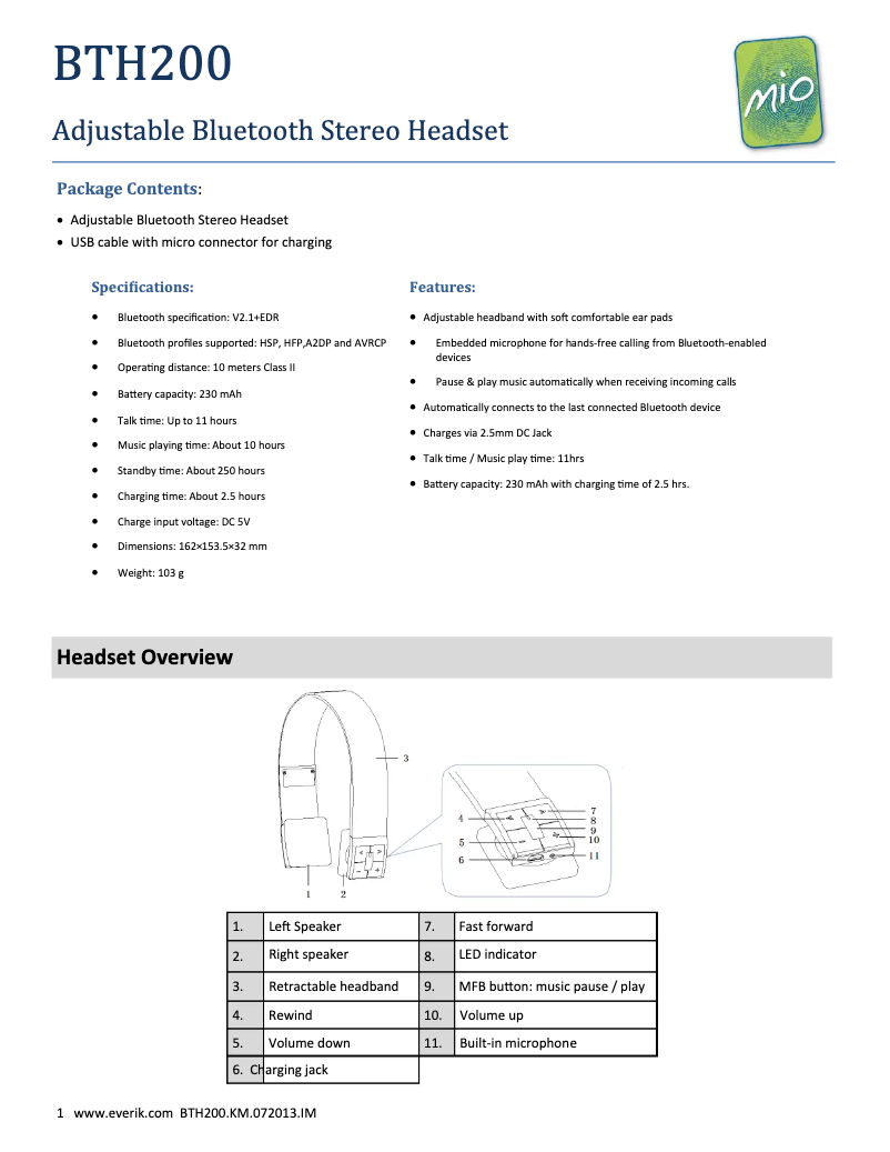 Page 1 de la notice Manuel utilisateur Mio BTH200