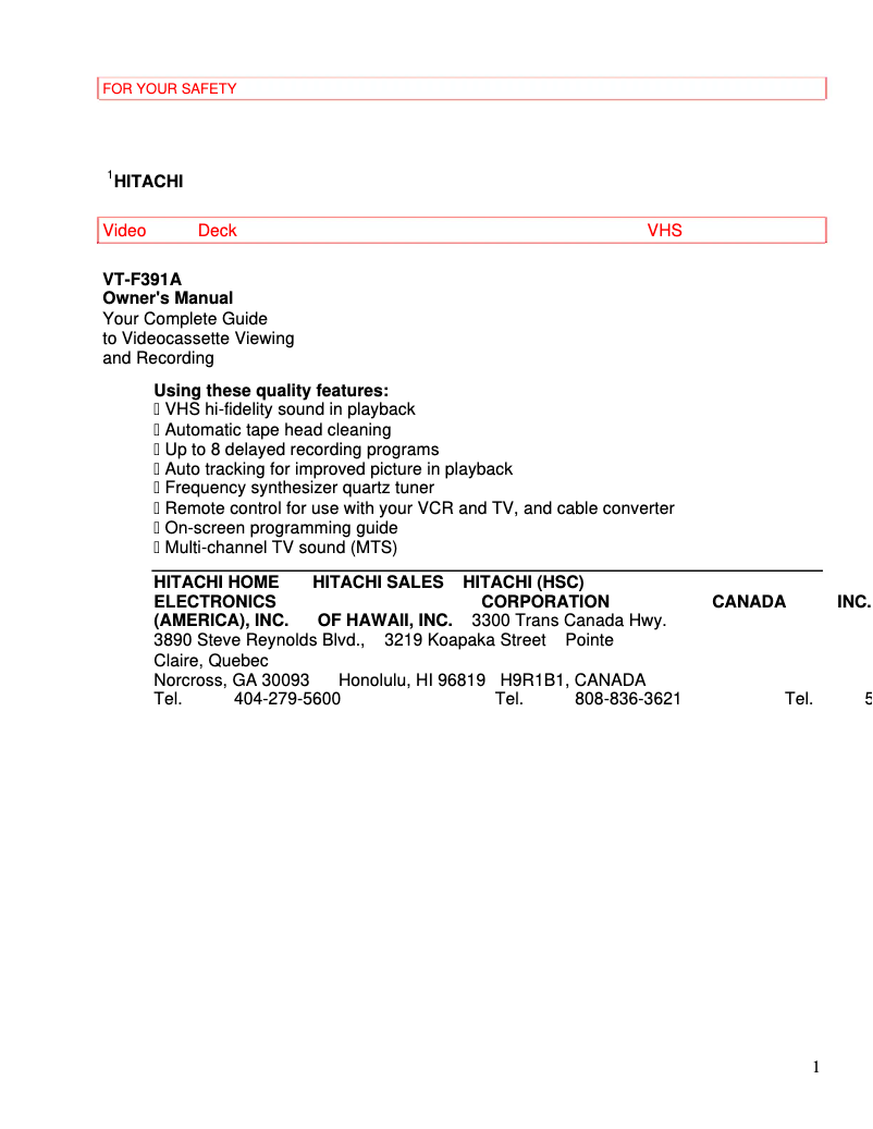 Page n°1 - Manuel utilisateur Hitachi VT-F391A
