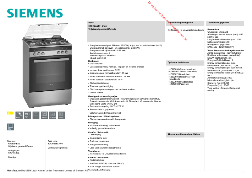 Page 1 de la notice Fiche technique Siemens iQ300 HX9R3AE50