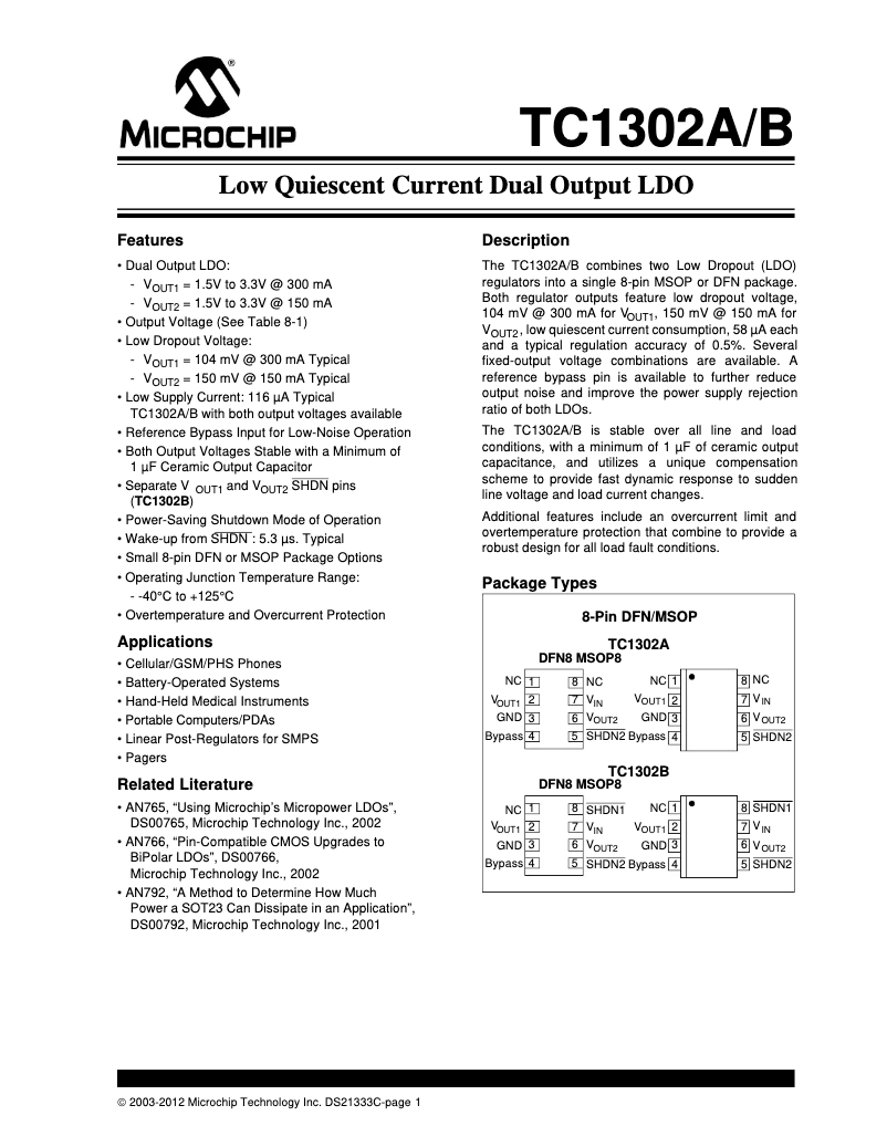 Page 1 de la notice Fiche technique Microchip TC1302A